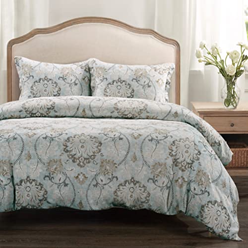 HiEnd Accents Dalia 3 Piece Linen Comforter Set, Queen Size, Light Blue Floral Bedding Set, Flower Botanical Print, Classi...