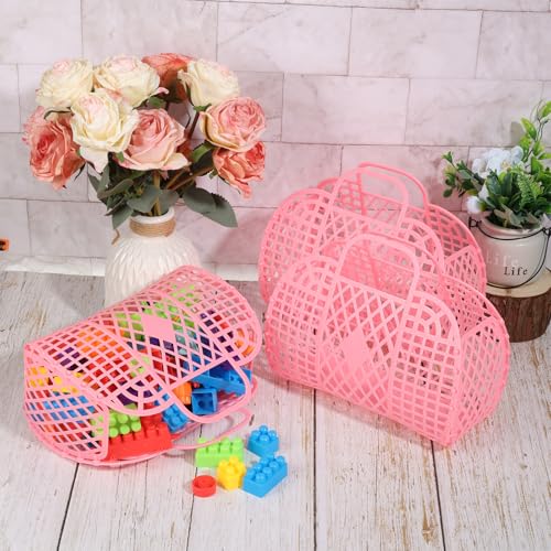 Rainmae 10 Pcs Jelly Purse Jelly Basket Beach Bags, Reusable Tote Beach Handbags, Plastic Beach Basket for Women Girls