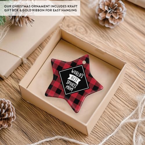 Andaz Press Star Ceramic Porcelain Christmas Tree Ornament Keepsake Gift, World's Best Sports Mom, Plaid, 1-Pack, Birthday...