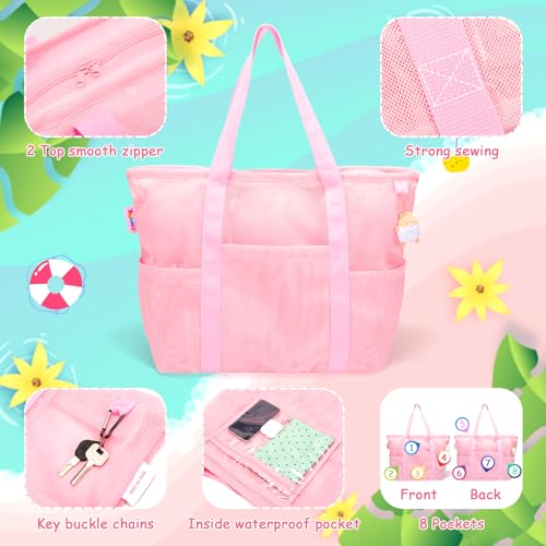 Tagitary Mesh Beach Bag with Zipper Large Beach Tote Waterproof Sandproof with 8 Pockets for Toys Pool Bag Beach Accessories