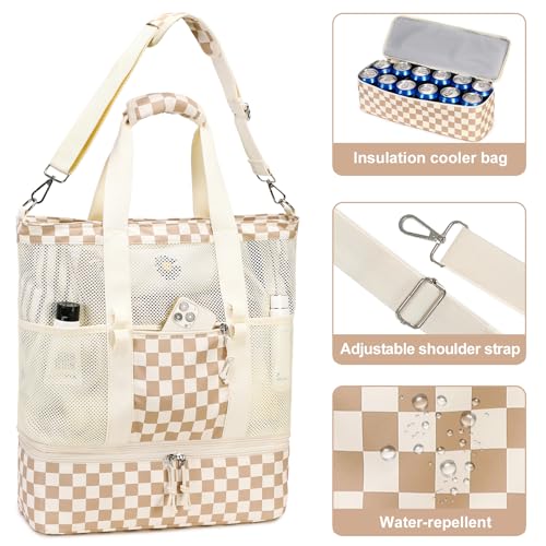 Bluboon Mesh Beach Tote Bag with Cooler Compartment Insulated Detachable Picnic Bag with Zipper and Pocket Pool Bag for Women