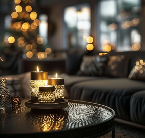 IYARA CRAFT Tealight Candle Holders with Tray – Set of 3 Rustic Black Wooden Candle Holders with Natural Rope Accent, Cozy...