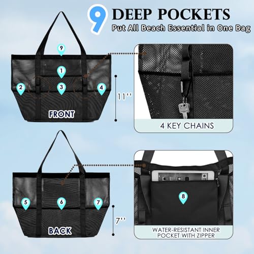Fammart Mesh Beach Bag for Women, Large Beach Toy Pool Bag with Zipper Pocket, SandProof Cruise Essentials 2026 Family Travel