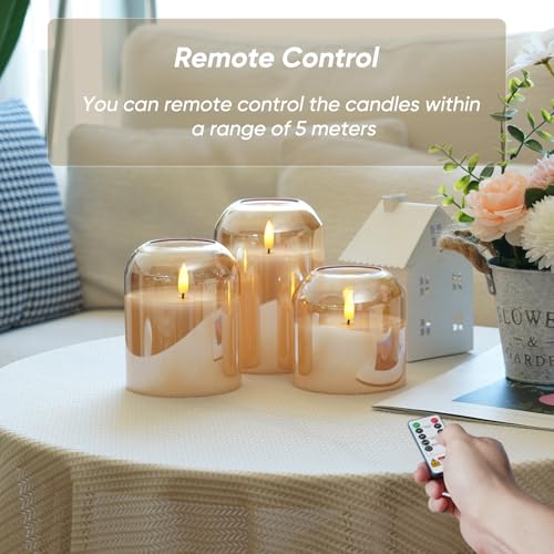 Homemory Glass Flameless Candles, Battery Operated Plliar Candles Realistic Flickering, LED Electric Light with Remote and...