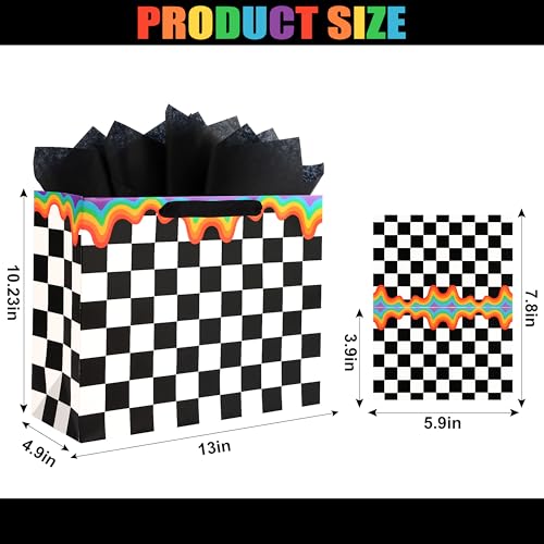 ASYEHJNR 13" Large Size Checkered Rainbow Gift Bag Black and White Plaid Gift Bag with Greeting Card and Tissue Paper for ...