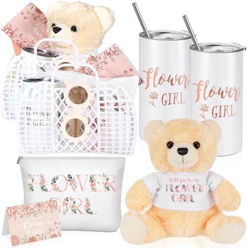 Sieral 18 Pcs Flower Girl Gift Set Jelly Basket Tumbler Bear Sunglasses Canvas Bag Bracelet Card Pen Envelope for Wedding ...