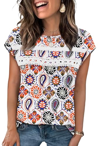 WIHOLL Womens Summer Tops Trendy 2026 Lace Crochet Cap Short Sleeve Shirts Crew Neck T Shirts Casual Loose Blouses