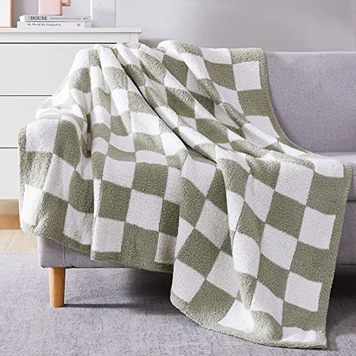 WRENSONGE Checkered Throw Blanket, Sage Green Soft Cozy Fluffy Hand Made Throw Blankets for Couch, Sofa, Chair, Bed, Campi...