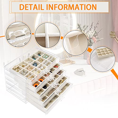 Watpot Acrylic Jewelry Box with 5 Drawers, Clear Earring Storage Organizer Display Case for Women Girls, Beige