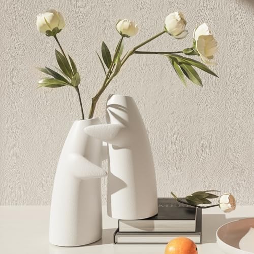 for Her – Embrace Ceramic Vase Set of 2, White Hugging Design Flower Vase, Minimalist Romantic Home Decor for Anniversary...