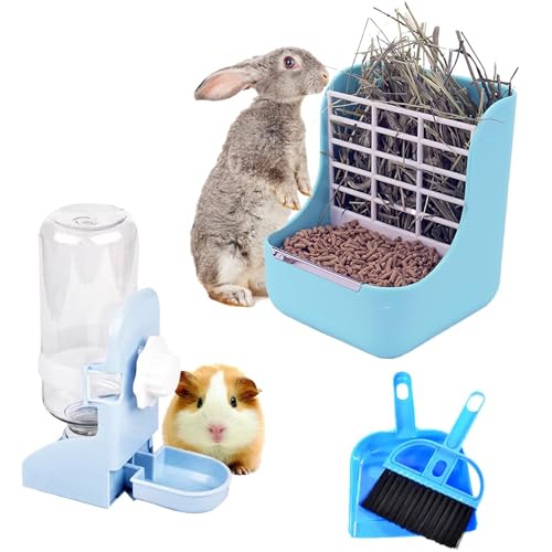 HERCOCCI PET Feeder and Water Bottle Set, Large Blue (500ml), Durable Hay Food Bin Feeder, Food Bowl, Gravity-Fed Water Di...
