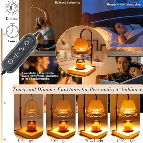 WARMCITY Glass Flower Lampshape Candle Warmer Lamp with Adjustable Height, Wax Burner Lamp with Timer and Dimmer, Wooden B...