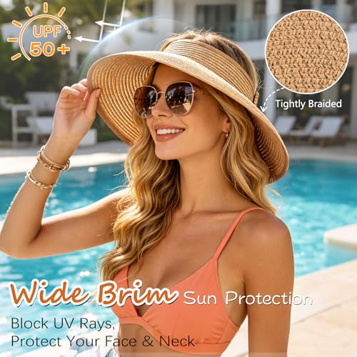 Sun Hats Visor for Women, UV UPF Straw Beach Hat Foldable Wide Brim Ponytail Summer Hats Packable Travel