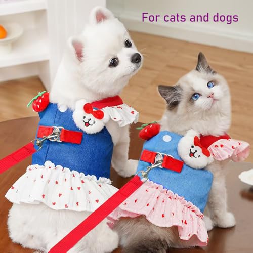 ANIAC Denim Dog Dress Harness with Leash Set Cute Small Dogs Clothes Girl Heart Patterns Puppy Dresses Breathable Mesh Cat...