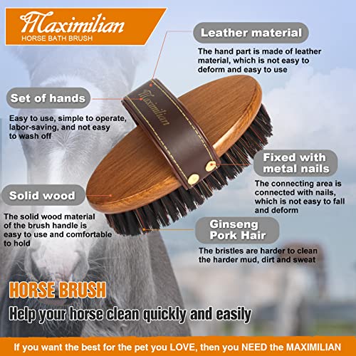 MAXIMILIAN World Class Handmade Equine Stiff Body Horse Brush. Professional Equine Grooming Tools. Effortlessly Removes Mu...