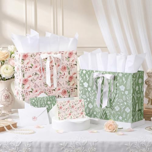 Silkfly 2 Pack Large Floral Gift Bags with Tissue Paper Ribbon Card & Envelope 13'' Flower Gift Bags for Woman Wedding Bri...