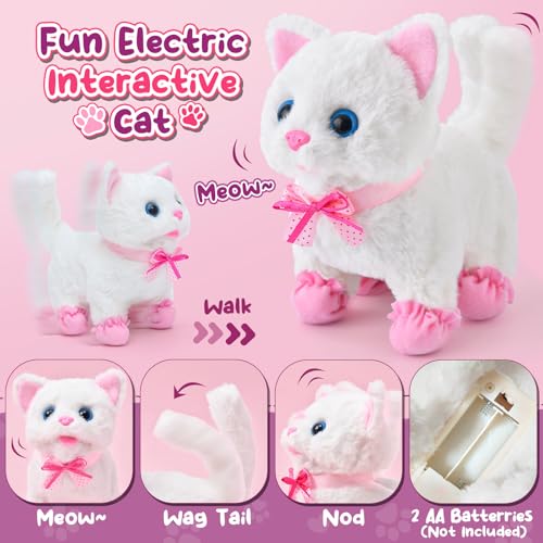 Golray Cat Toys for Kids Girls Gift, Electronic Interactive Plush Toy Cat Can Walk and Meow - 16 Pcs Carrier & Pet Groom F...