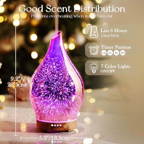Porseme Essential Oil Diffuser 3D Firework Glass Aromatherapy Ultrasonic Humidifier Rose Gold, Auto Shut-Off, Timer Settin...