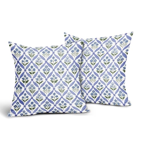 Smozenith Blue Green Floral Block Print Pillow Covers 18X18 Set of 2, Flower Pattern Spring Summer Print Decorative Throw ...