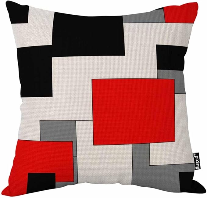 Mugod Paneling Pillow Cover Abstract Geometric Block Red Black Gray White Decorative Throw Pillow Cases Square Cotton Line...