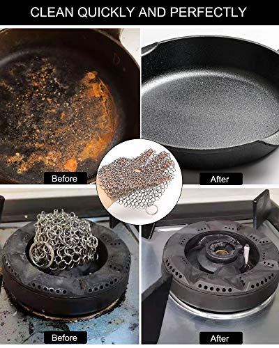 ONEEKK Cast Iron Skillet Cleaner Chainmail,2 Pack Premium Stainless Steel Chain Maille Scrubber for Cast Iron Pans,Stainle...