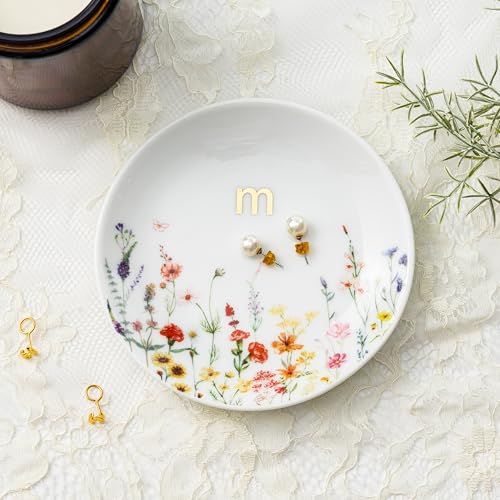 Crisky Initial Jewelry Ring Dish & Gift Box, Ceramic Flower Trinket Dish for Rings Earrings Necklaces, Bridal Shower/Bride...