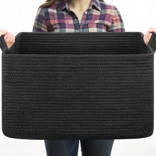 OIASKET Large Blanket Basket, Black Blanket Storage Living Room, Rectangle Woven Baskets for Storage Toys, Towels, Dirty C...
