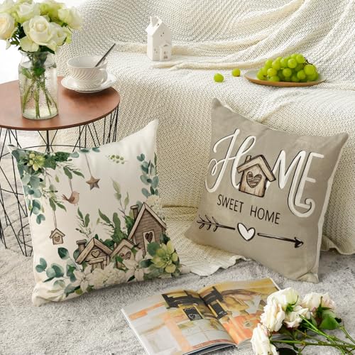 AVOIN colorlife Sweet Home Family is Everything Spring Floral Throw Pillow Covers, 18 x 18 Inch Seasonal Eucalyptus Flower...