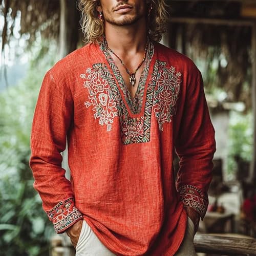Mens Cotton Shirts Vintage Ethnic Floral Tops Boho V Neck Beach Sweatshirts Trendy Casual Long Sleeve Fall Outerwears