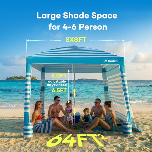Gorich Beach Cabana with UPF50+ UV Protection, 8x8 FT/10x10 FT Beach Canopy Tent with Side Wall, Easy Setup, Windproof Por...