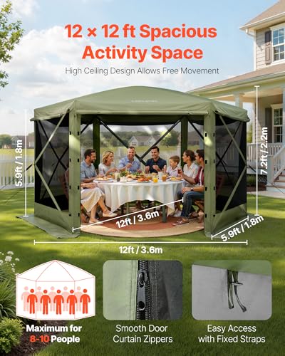 VEVOR Pop up Gazebo Screen Tent, 12 x 12 ft Large 6-Sided Camping Canopy Tent with Removable Top & Carry Bag, Quick-Set & ...