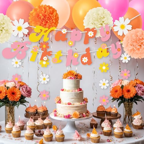 24 PCS Groovy Party Decorations Boho Happy Birthday Banners with Flower Hanging Flags Balloons Paper Flowers for Birthday ...