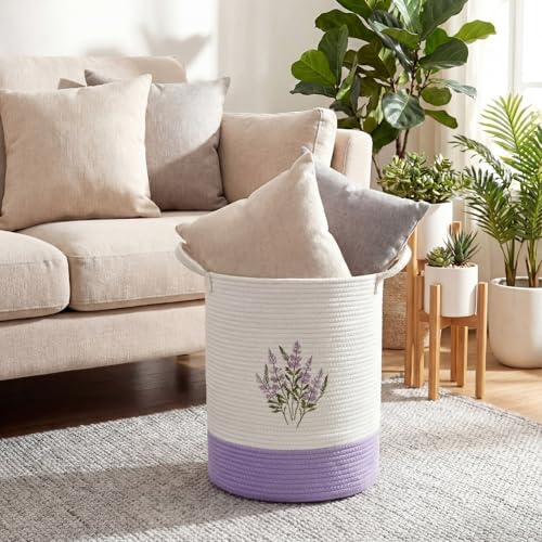 Honeydak Purple Lavender Cotton Rope Laundry Basket Hamper Large Floral Embroidery Tall Basket with Handle Foldable Round ...