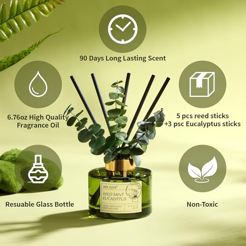 Airkeep Reed Diffuser Set with 6.76 fl oz Wild Mint & Eucalyptus Scent Essential Oils and 3 Leaves & 8 Diffuser Sticks,Bat...