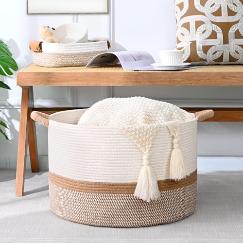 Degeyoyo 67L Large Blanket Basket, 20"x13" Woven Storage Baskets With Handle, Cotton Rope Blanket Basket Living Room, Baby...