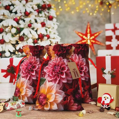 WXYBMDP Colorful Flower Print Christmas Drawstring Bags Xmas Candy Bags Reusable Party Gifts Wrapping Bags