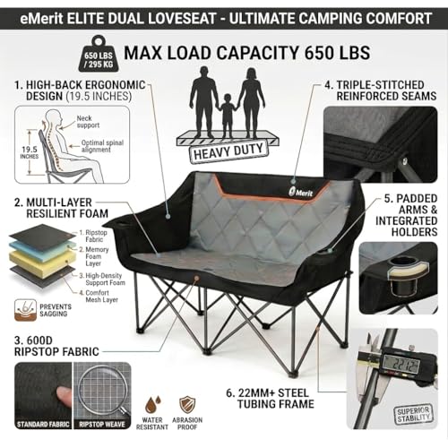 EMERIT Oversized Fully Padded Camping Chair, Heavy Duty 650LB Folding Camping Loveseat, Quad Fold Double Camping Couch wit...