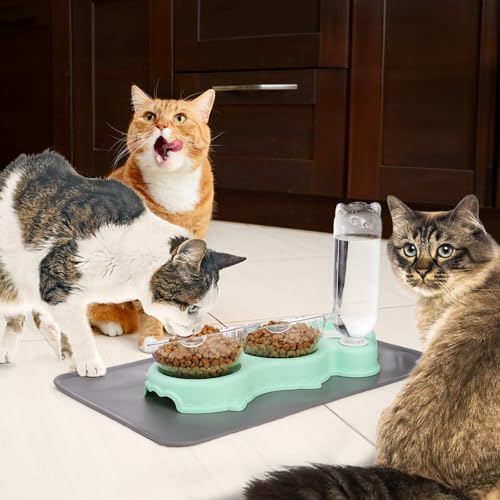 WRINGKIT Triple Cats Bowls, Cat Food Water Bowl with Mat and Scoop, 15° Tilted Raised Cat Bowl Dishes with Automatic Water...