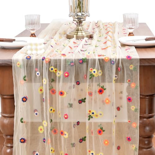 Joanlody Champagne Embroidery Daisy Spring Summer Table Runner 10ft Florals Seasonal Easter Tulle Table Runner Holiday Kit...