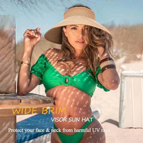 Women's Sun Visor Hats Wide Brim Straw Beach Hat Ponytail Hats for Women Foldable Floppy