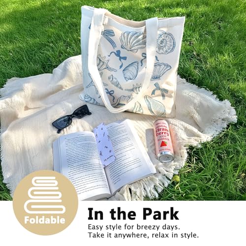 LIANGW Summer Beach Canvas Tote Bag Aesthetic for Women, Reusable Coastal Sea Turtle Grocery Bags Shopping Bags