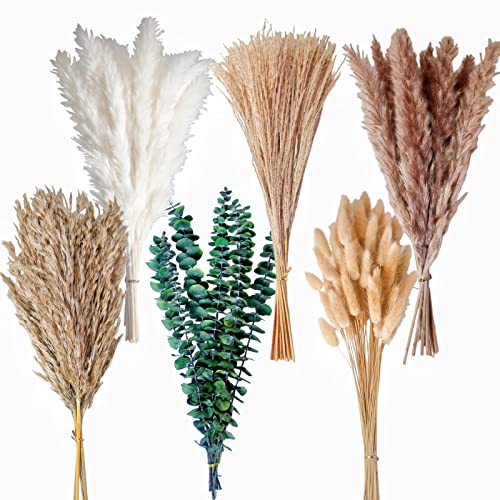 110 PCS of Boho Pampas Grass Decor, Naturally Dried Pompas, Bunny Tails Dried Flowers, and dried eucalyptus. Perfect for W...