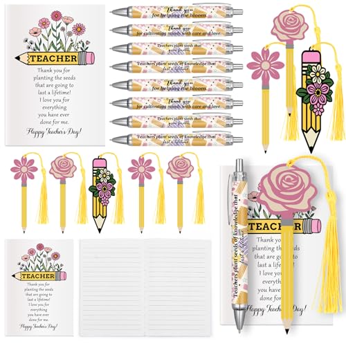 FunooFuno 36 Pcs/12 Sets Teacher Appreciation Gifts Bulk Pencil Shaped Flower Bookmarks with Tassels Mini Notebooks Small ...
