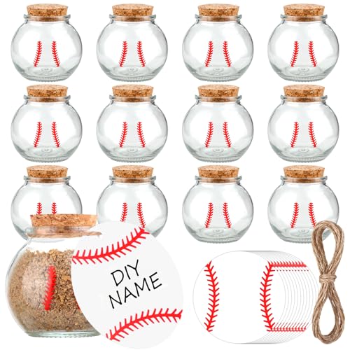 Draupnir Sand Keepsake Jar 12PCS 3.4 oz Baseball Printed Round Jar with Cork Lid, 12 Baseball Cardstock and 12 Hemp Ropes,...