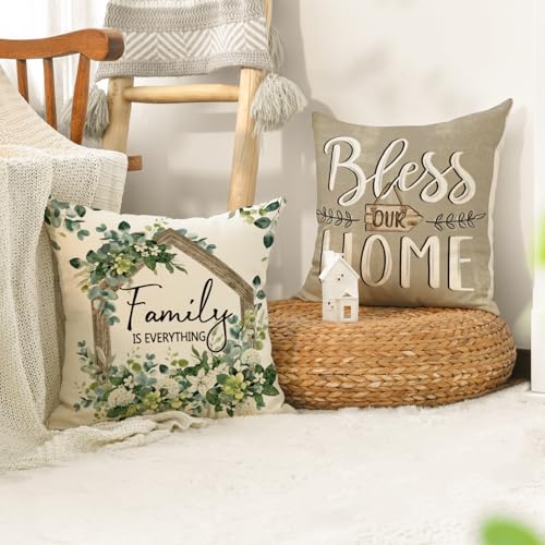 AVOIN colorlife Sweet Home Family is Everything Spring Floral Throw Pillow Covers, 18 x 18 Inch Seasonal Eucalyptus Flower...