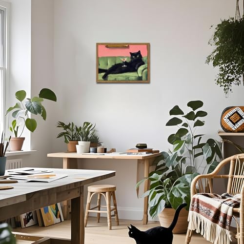 Funny Black Cat Martini Wall Art, Bar Cart Decor, Eclectic Cocktail Painting Canvas Print, Cute Animal Artwork Picture for...
