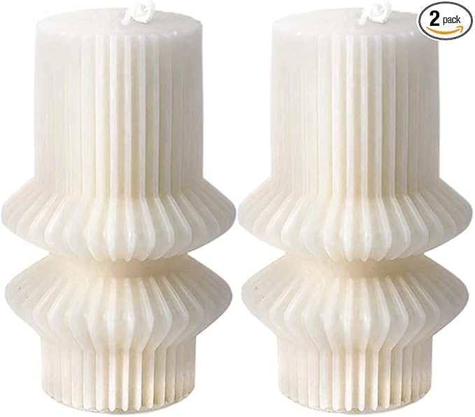 Boho Striped Pillar White Candles, 4.3" Tall Small Decorative Candles for Wedding Decor, Coffee Table, Shelf Styling, Scen...