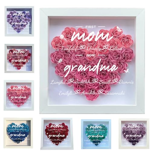 Wasetell Personalized First Mom Now Grandma Rose Flower Shadow Box with Name Mother's Day Heart-Shaped Frame Personalize G...