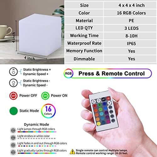 Borelor LED Cube Light, 4-Inch Rechargeable & Remote Control Mood Lamp, 16 Color Changing Glowing Night Light, Dimmable De...