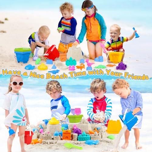 HUUIDY Beach Toys for Kids, Sand Toys with 4 Sand Buckets and Shovels for Kids, Sand Castle Building Kit with Mesh Bag & M...